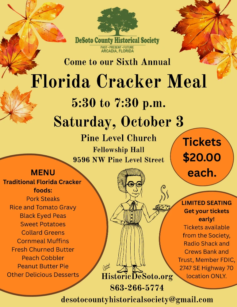 6th Annual Florida Cracker Meal 5:30pm-7:30pm. Saturday, October 3rd